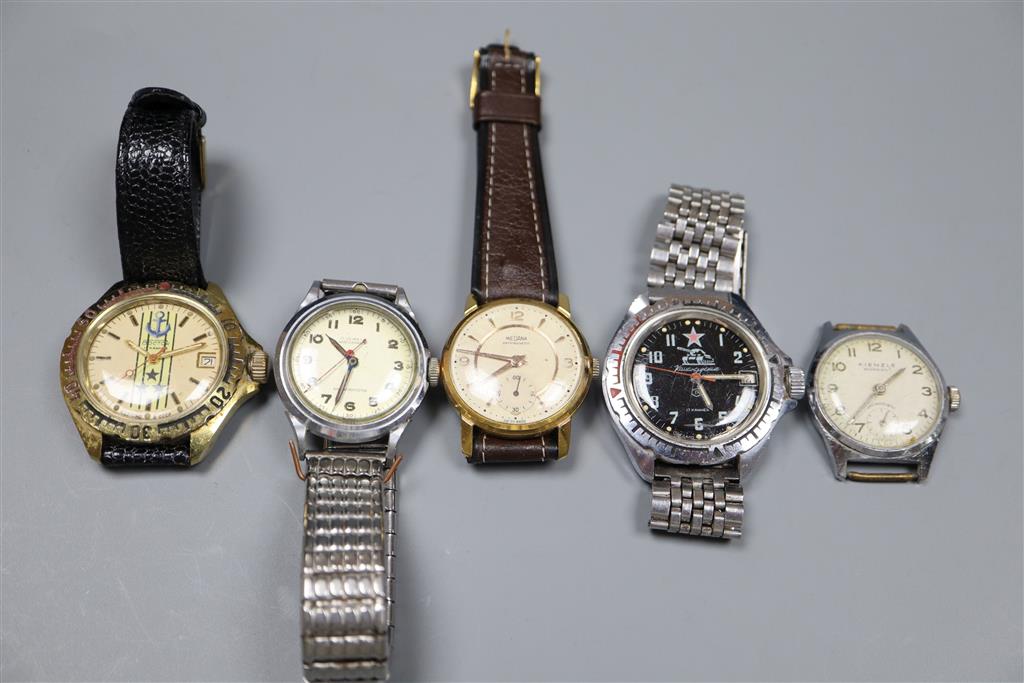 Two Russian wrist watches and three others including Medana.